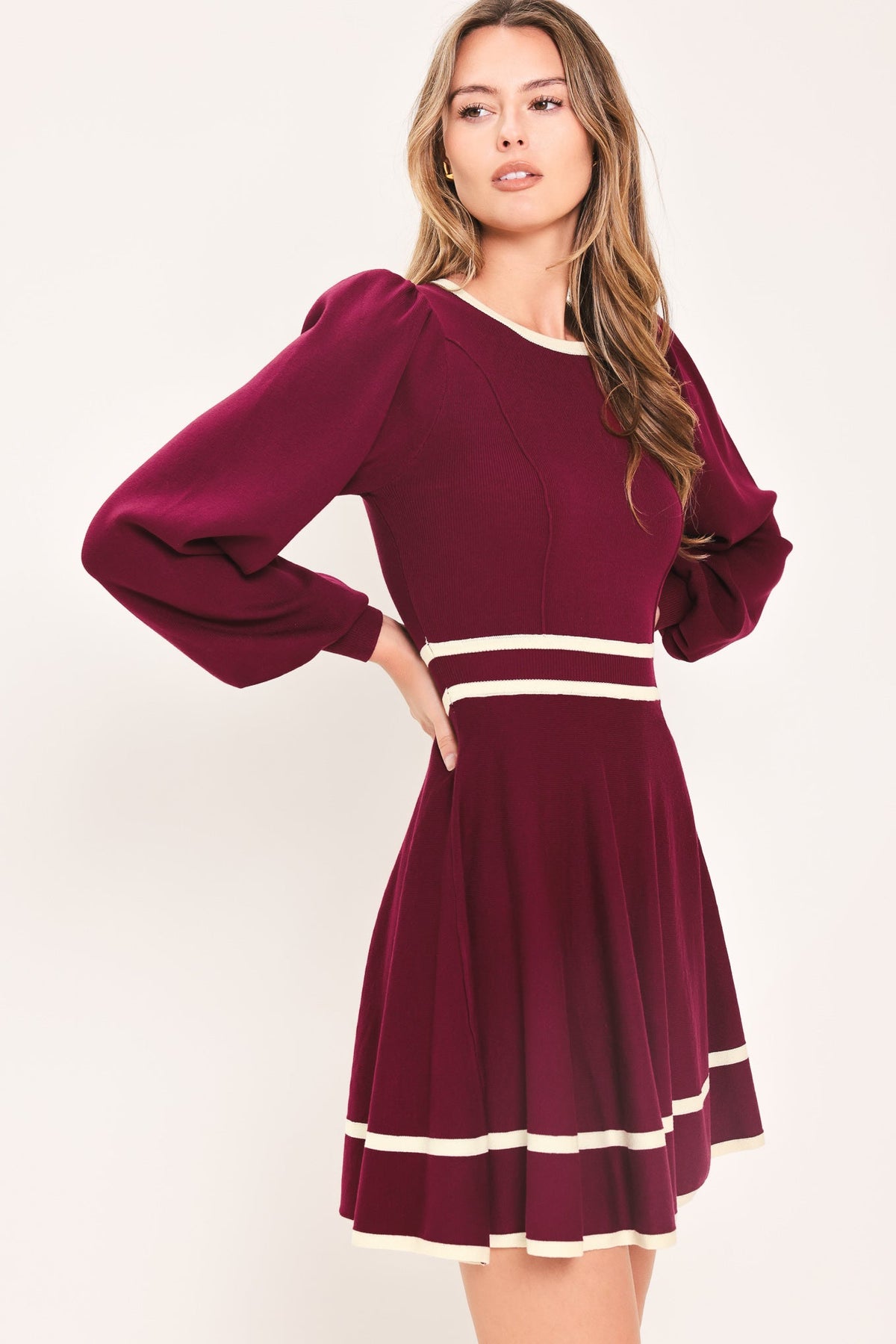 Flying Tomato Merlot Ivory Moment Sweater Mini Dress in WINE view 6 - Dress Sweater