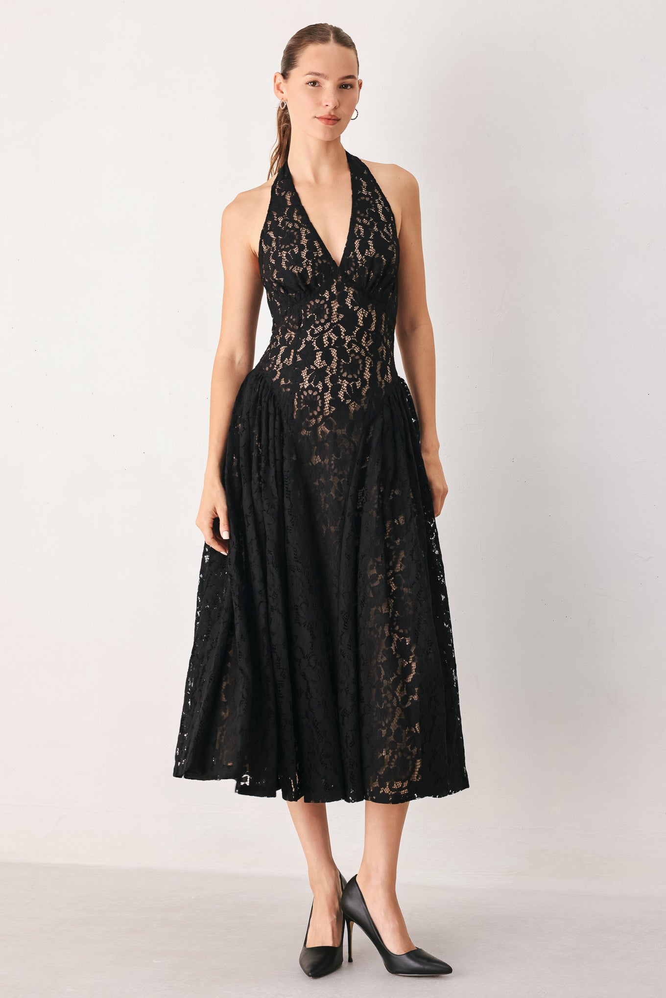 Flying Tomato Midnight Garden Halter Woven Lace Midi Dress in BLACK/NUDE - Midnight Garden Dress Code