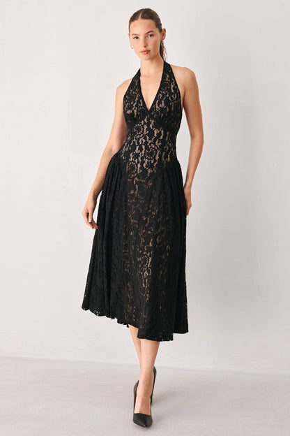 Flying Tomato Midnight Garden Halter Woven Lace Midi Dress in BLACK/NUDE view 3 - Midnight Garden Dress Code