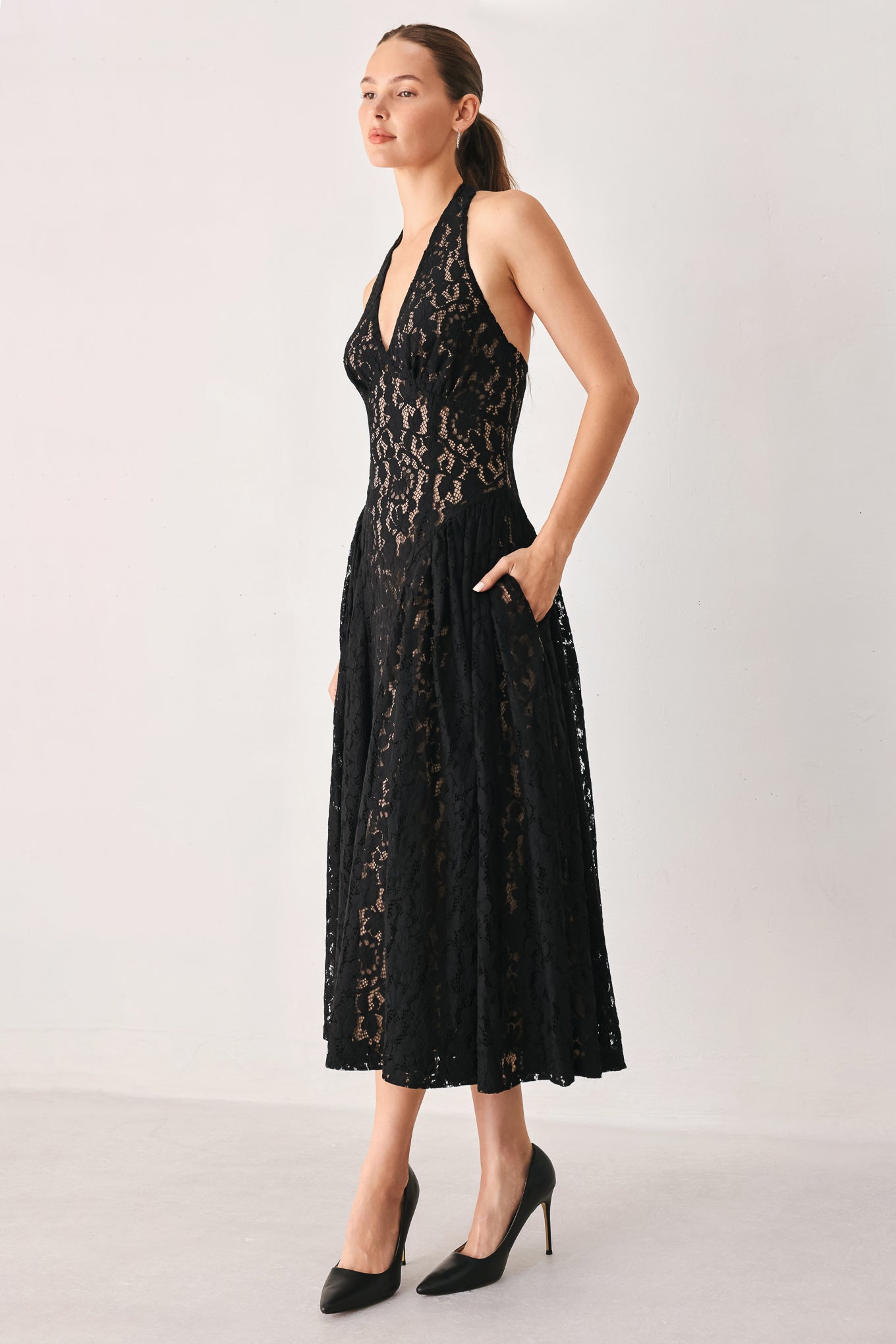 Flying Tomato Midnight Garden Halter Woven Lace Midi Dress in BLACK/NUDE view 4 - Midnight Garden Dress Code