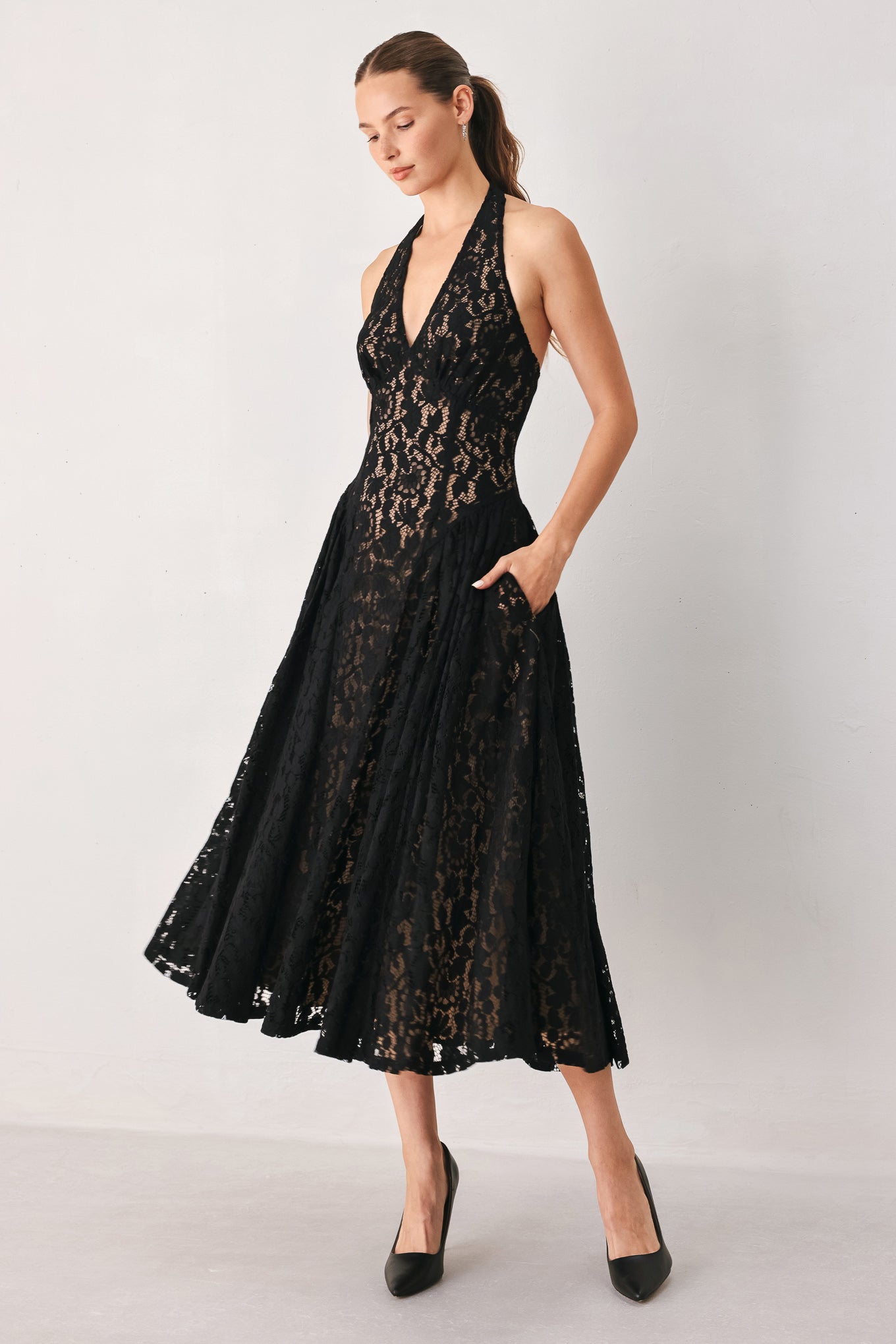 Flying Tomato Midnight Garden Halter Woven Lace Midi Dress in BLACK/NUDE view 5 - Midnight Garden Dress Code