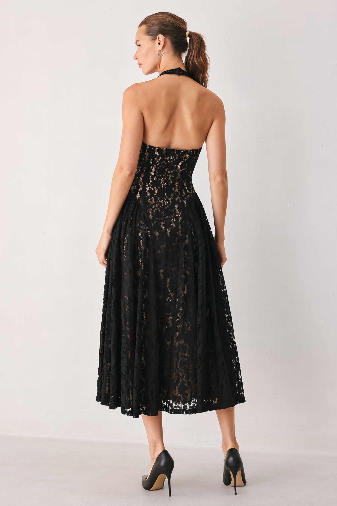 Flying Tomato Midnight Garden Halter Woven Lace Midi Dress in BLACK/NUDE view 6 - Midnight Garden Dress Code