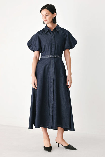 Flying Tomato Midnight in Manhattan Denim Midi Dress in DARK DENIM - Midnight Manhattan Outfit