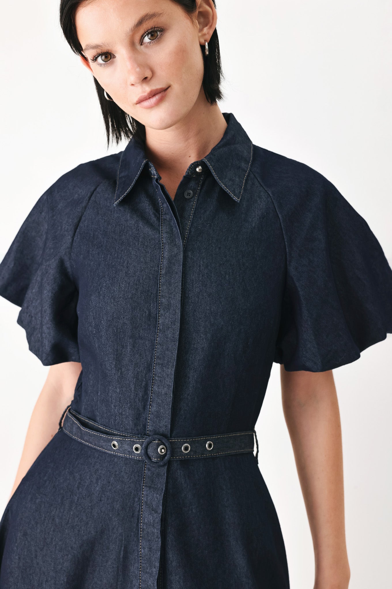 Flying Tomato Midnight in Manhattan Denim Midi Dress in DARK DENIM view 2 - Midnight Manhattan Outfit
