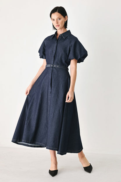 Flying Tomato Midnight in Manhattan Denim Midi Dress in DARK DENIM view 3 - Midnight Manhattan Outfit