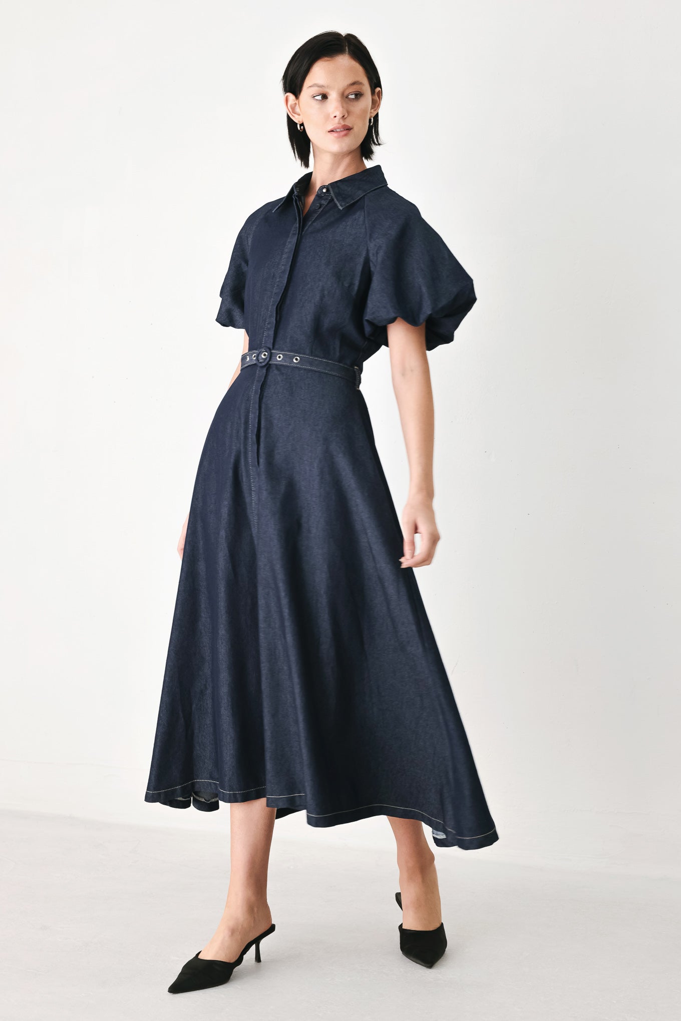 Flying Tomato Midnight in Manhattan Denim Midi Dress in DARK DENIM view 4 - Midnight Manhattan Outfit