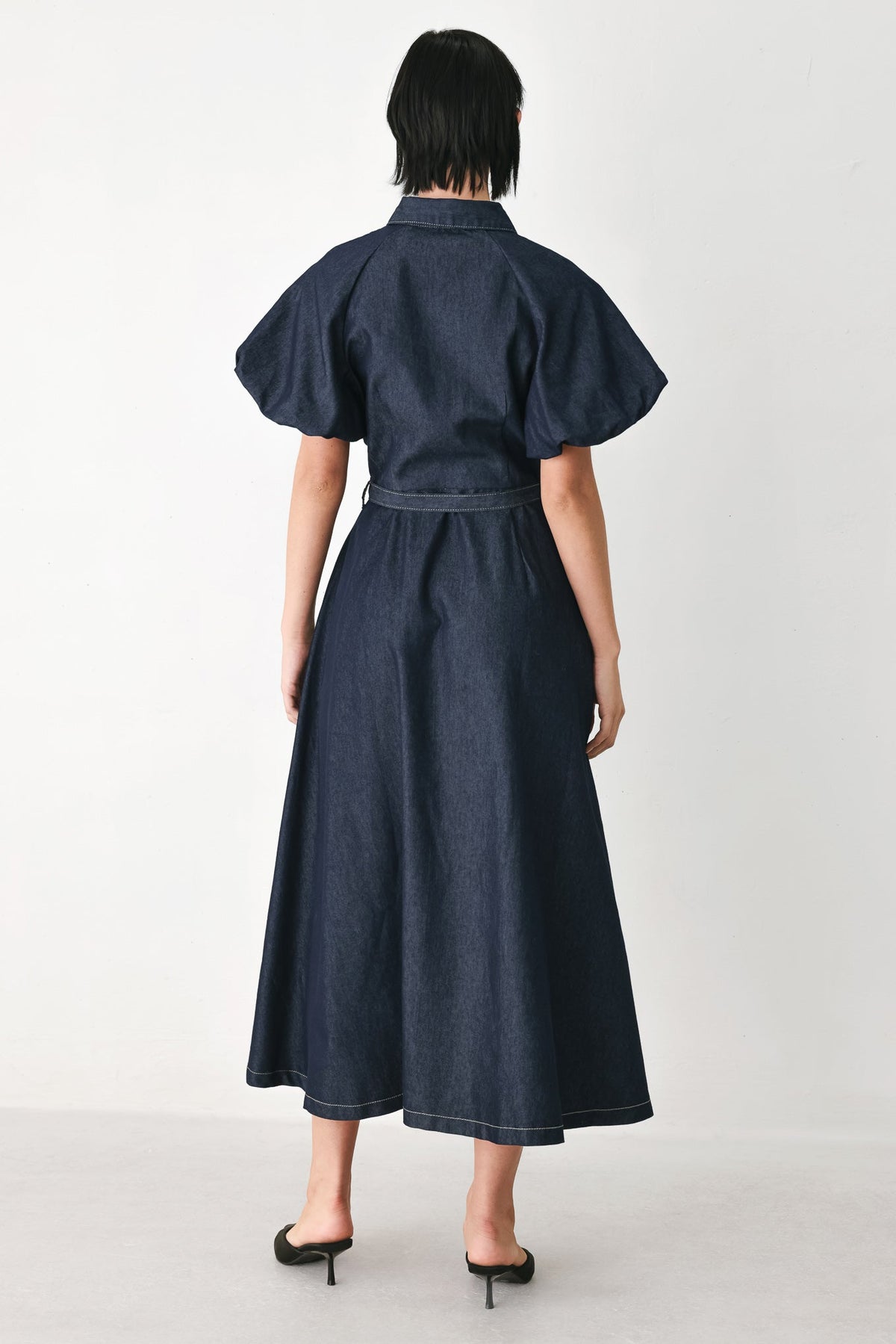 Flying Tomato Midnight in Manhattan Denim Midi Dress in DARK DENIM view 5 - Midnight Manhattan Outfit