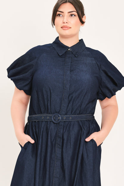 Flying Tomato Midnight in Manhattan Denim Midi Dress in DARK DENIM view 6 - Midnight Manhattan Outfit