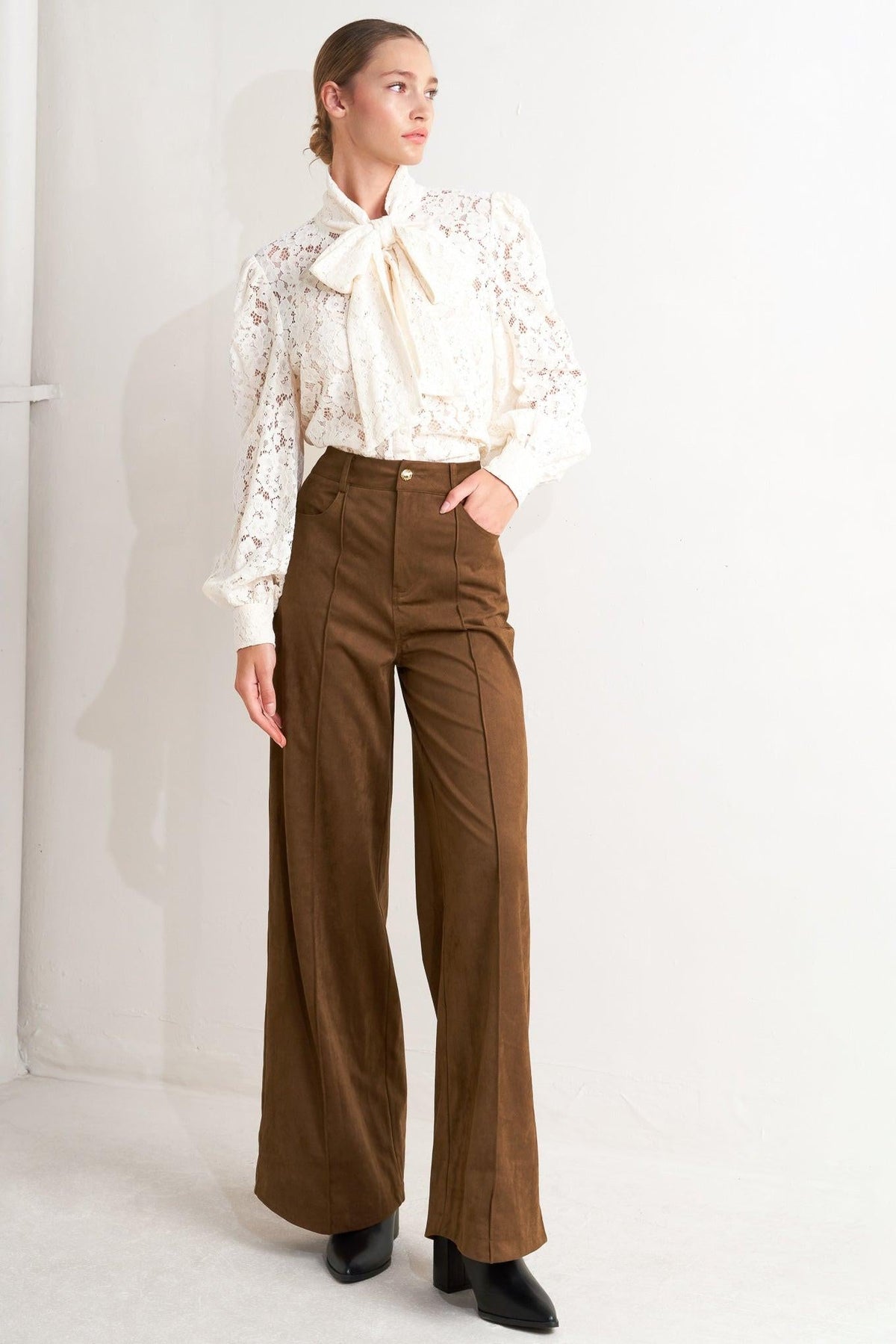Flying Tomato Midnight Mesa Style Faux Suede Pants in BROWN view 6 (bottom)