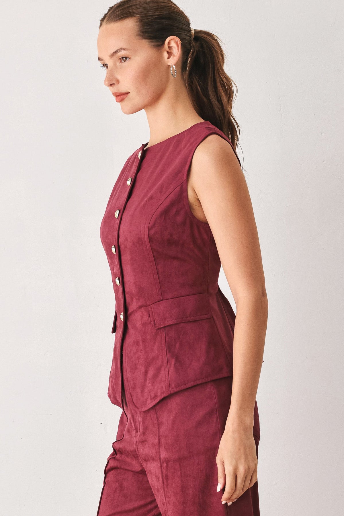 Flying Tomato Midnight Mesa Style Faux Suede Vest in BROWN view 4 (layer)