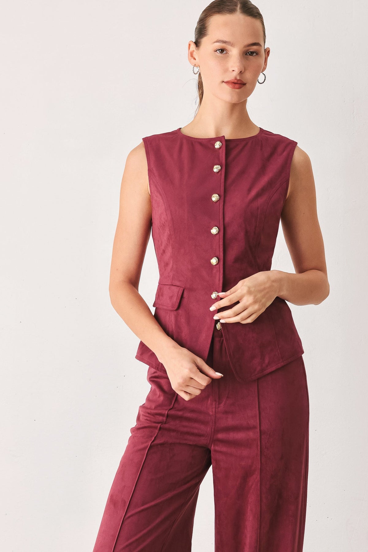 Flying Tomato Midnight Mesa Style Faux Suede Vest in BROWN view 5 (layer)
