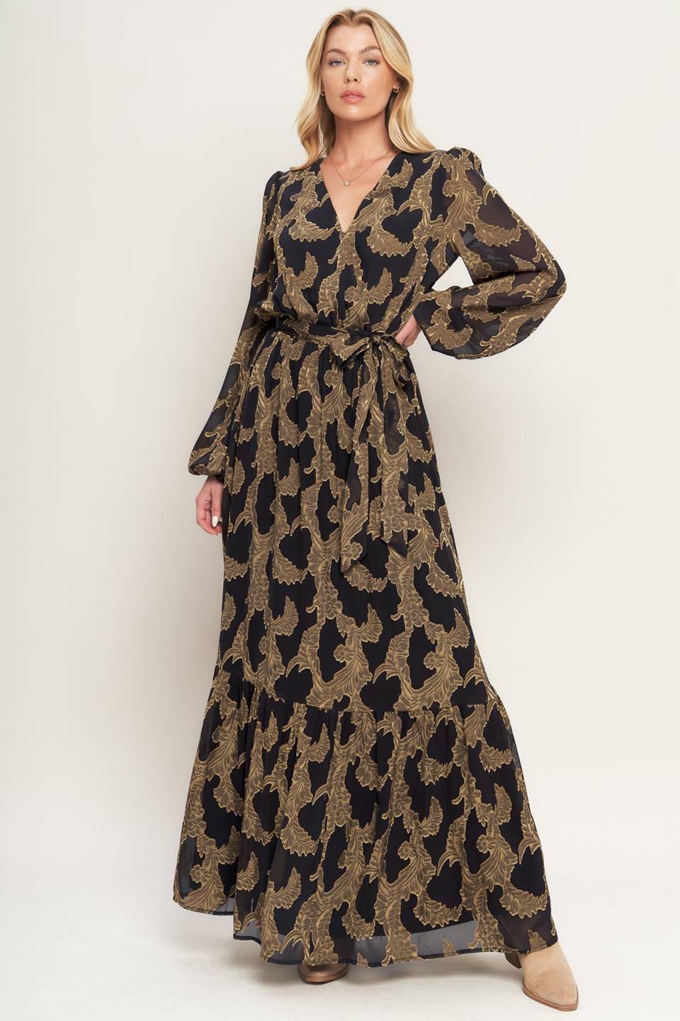 Flying Tomato Midnight Moss Woven Jacquard Maxi Dress in DARK BROWN - Moss Midnight Slim Fit Dress Trousers