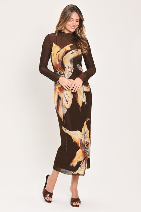 Flying Tomato Mocha Mystique Dark Brown Printed Mesh Midi Dress
