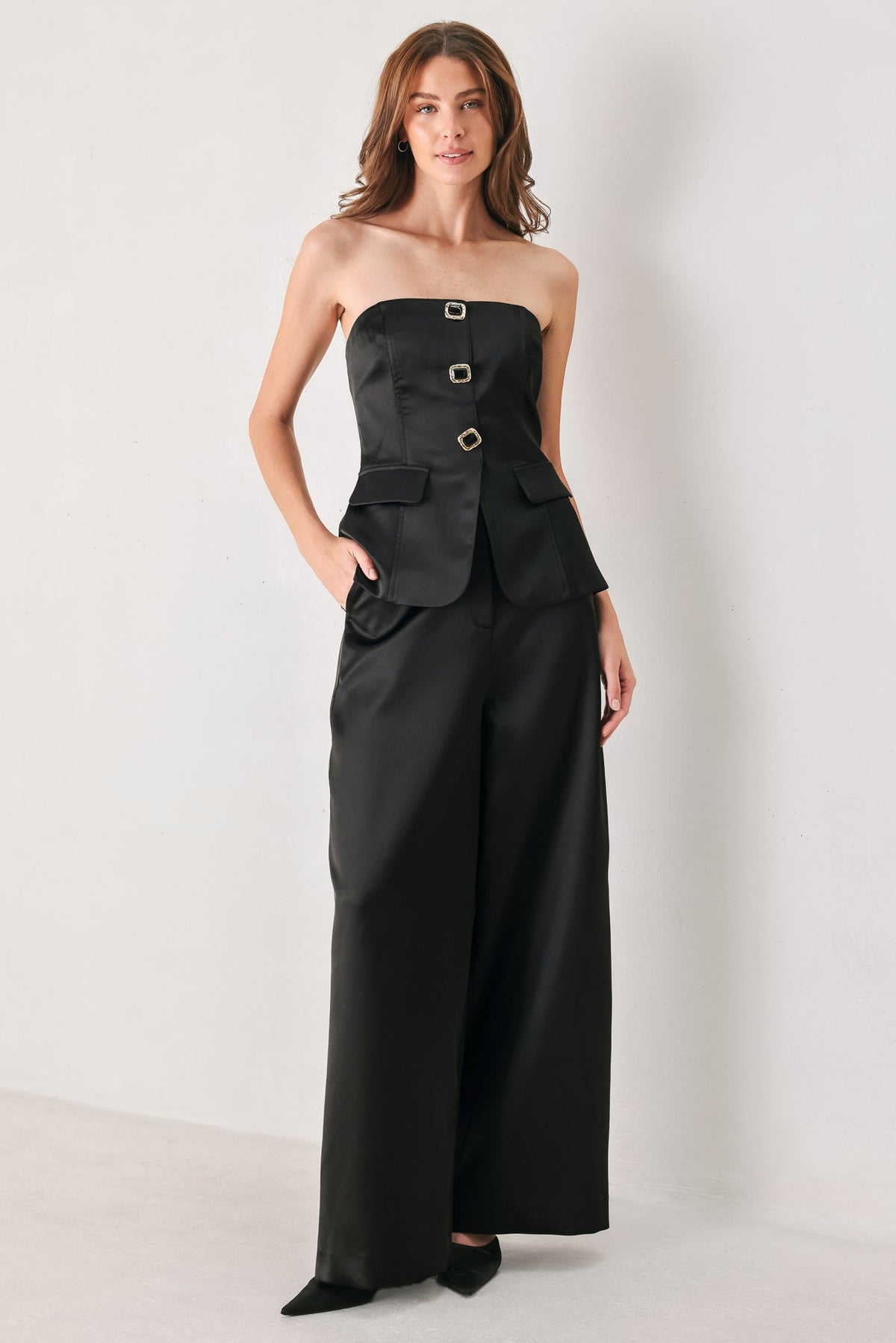 Flying Tomato Modern Noir Black/burgundy Wide-leg Pants in BLACK view 3 - Neo Noir Pants (bottom)