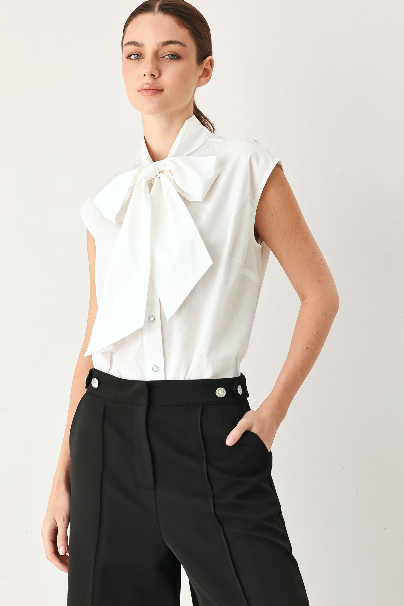 Flying Tomato Modern Statement Bow Woven Top view 13 - Flying Tomato Tops