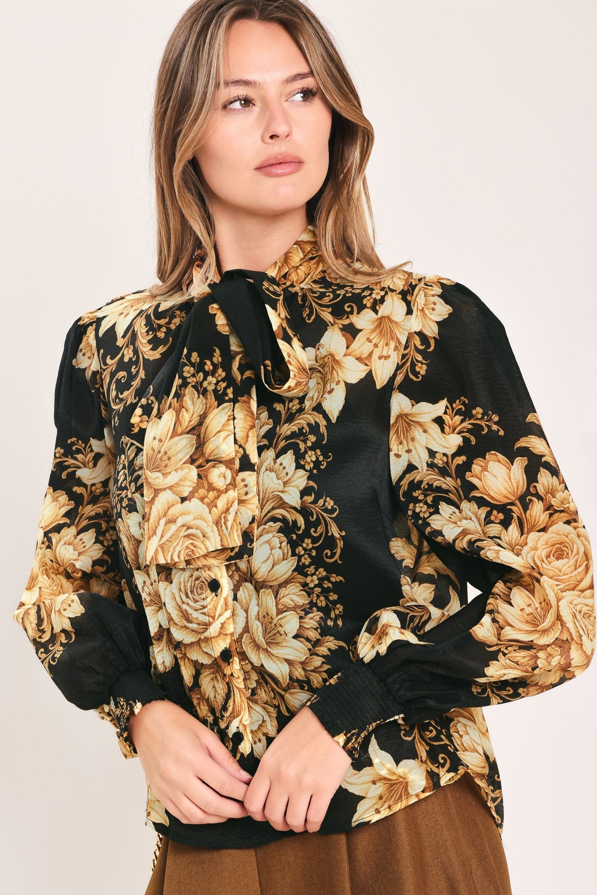 Flying Tomato Moonlit Garden Bow Tie Blouse in CHAMPAGNE view 4 - Moonlit Garden Collection (top)