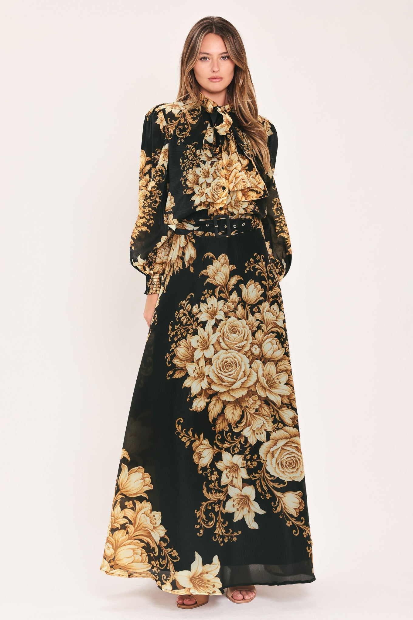 Flying Tomato Moonlit Garden Printed Maxi Skirt in BLACK view 3 (dress)