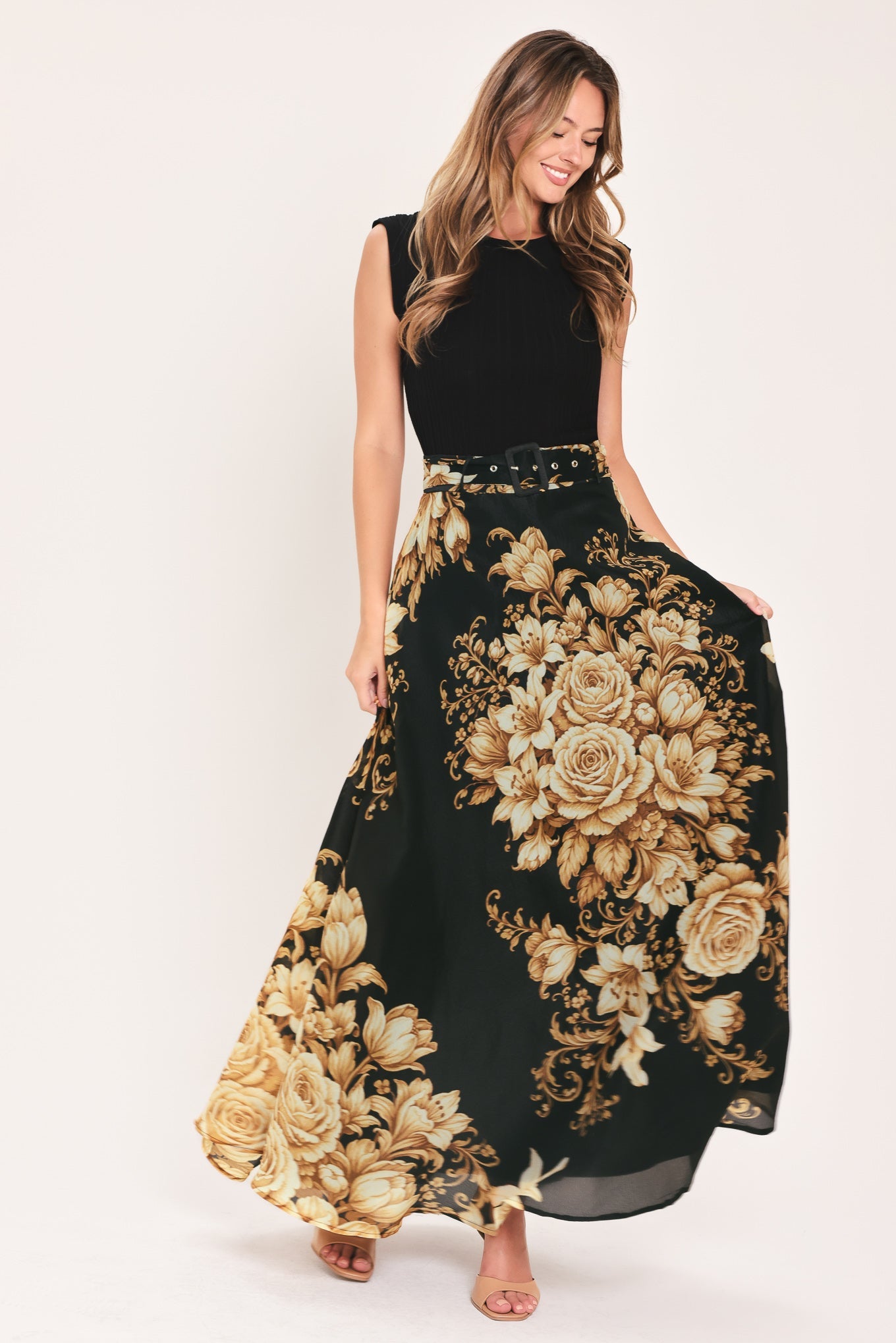 Flying Tomato Moonlit Garden Printed Maxi Skirt in CHAMPAGNE view 6 (dress)