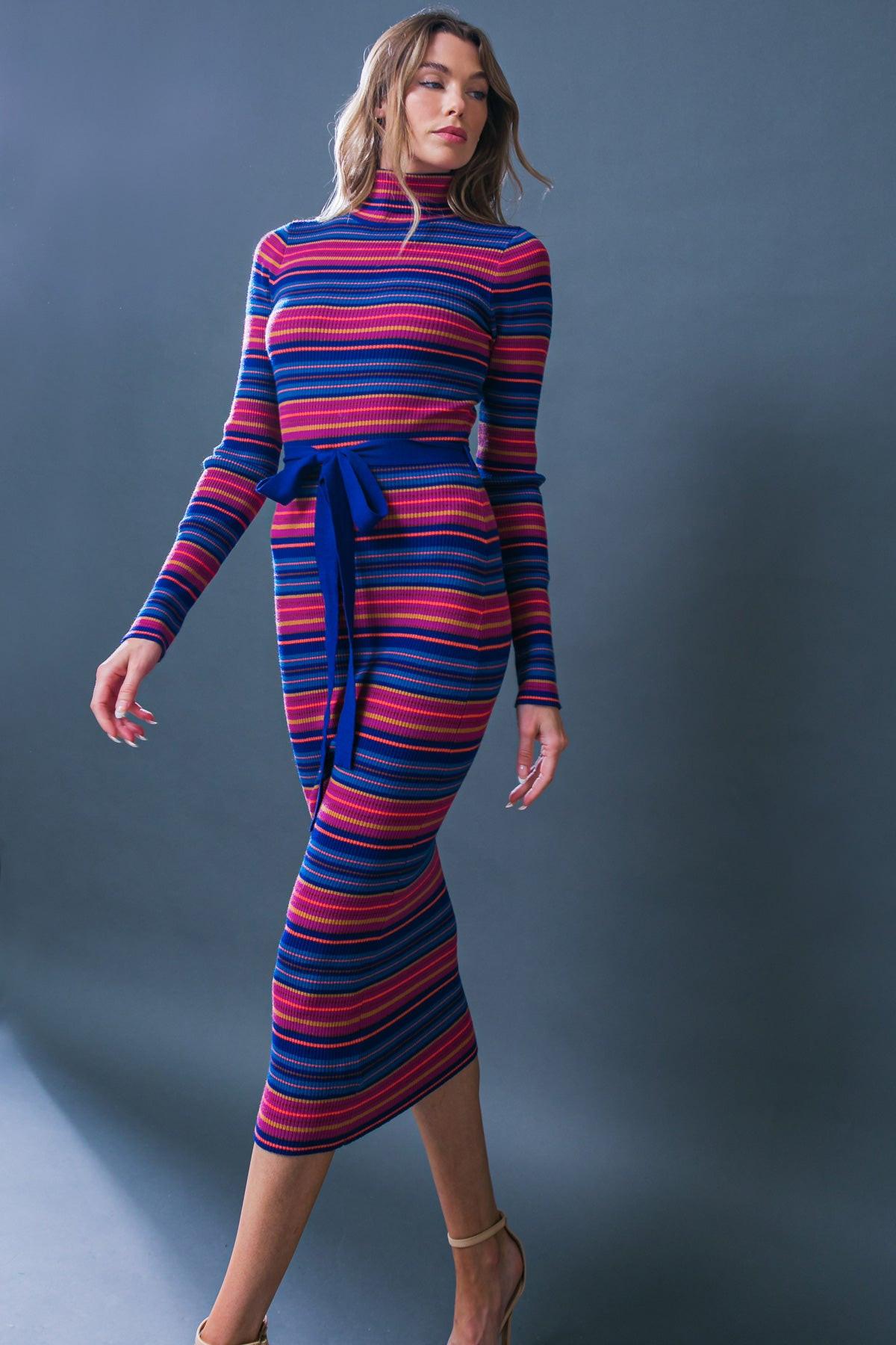 Flying Tomato Noteworthy Shine Sweater Midi Dress in BLUE FUCHSIA - Dress Sweater