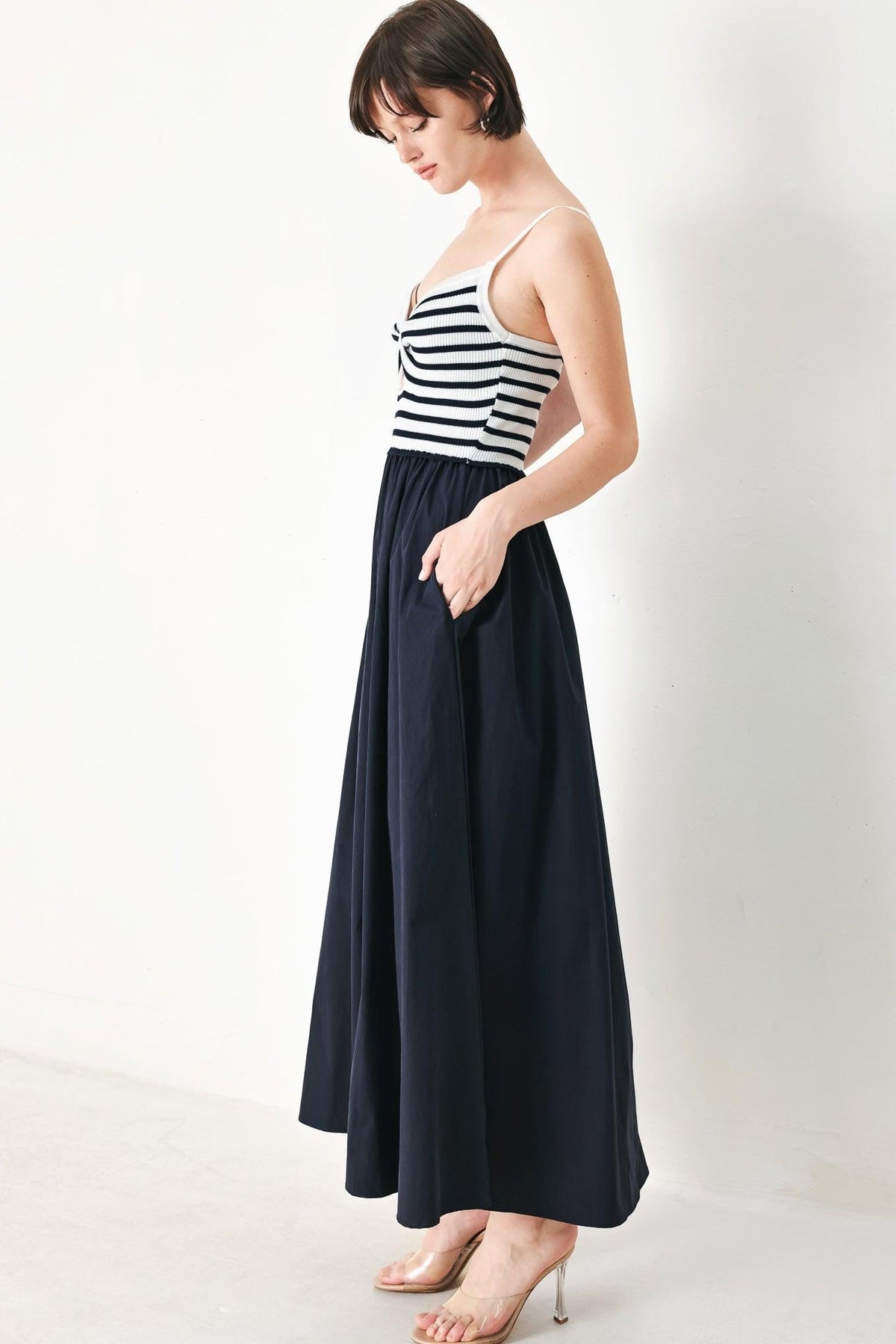 Flying Tomato Paris Stripe Cutout Midi Dress - MeeeShop Women's Fashion
