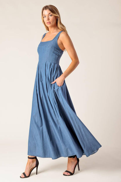 Flying Tomato Passiflora Indigo Denim Midi Dress in INDIGO
