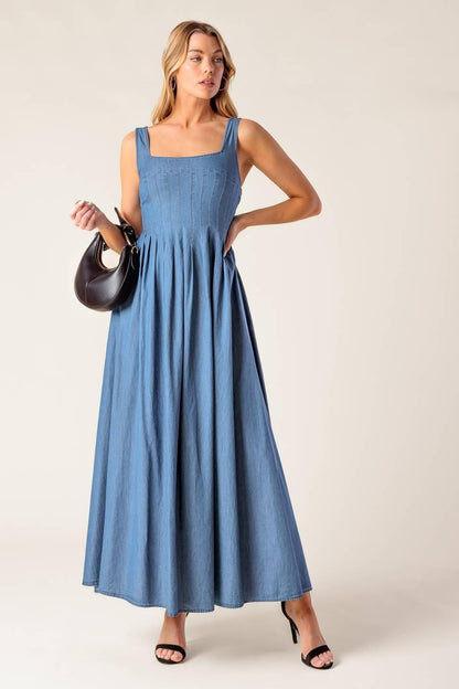 Flying Tomato Passiflora Indigo Denim Midi Dress in INDIGO view 3