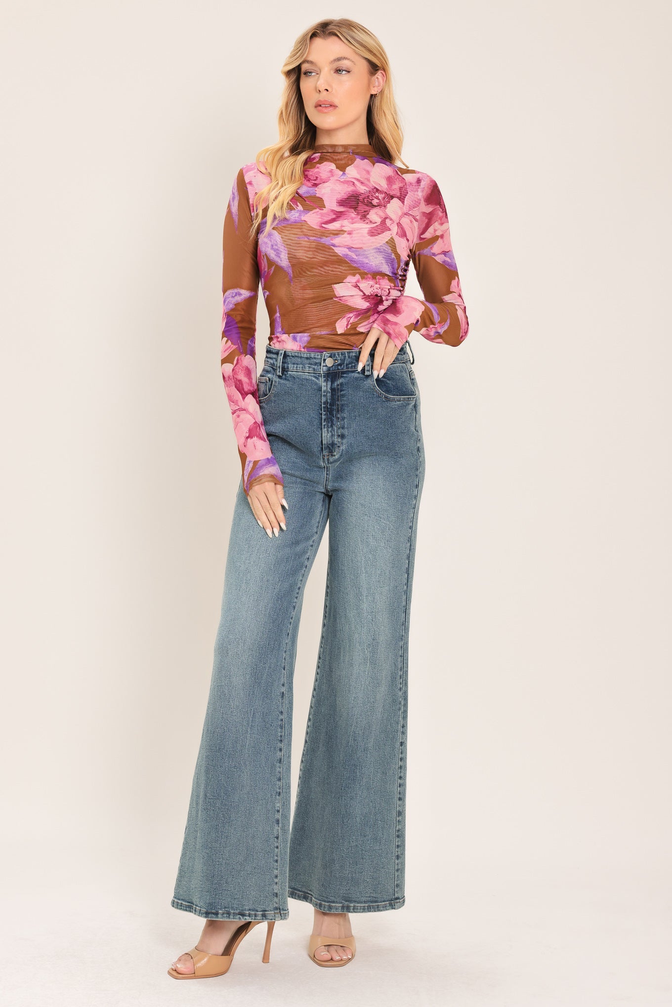 Flying Tomato Plum Blossom Power Mesh Top in BROWN PINK MULTI view 2