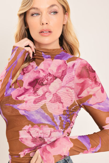 Flying Tomato Plum Blossom Power Mesh Top in BROWN PINK MULTI view 3