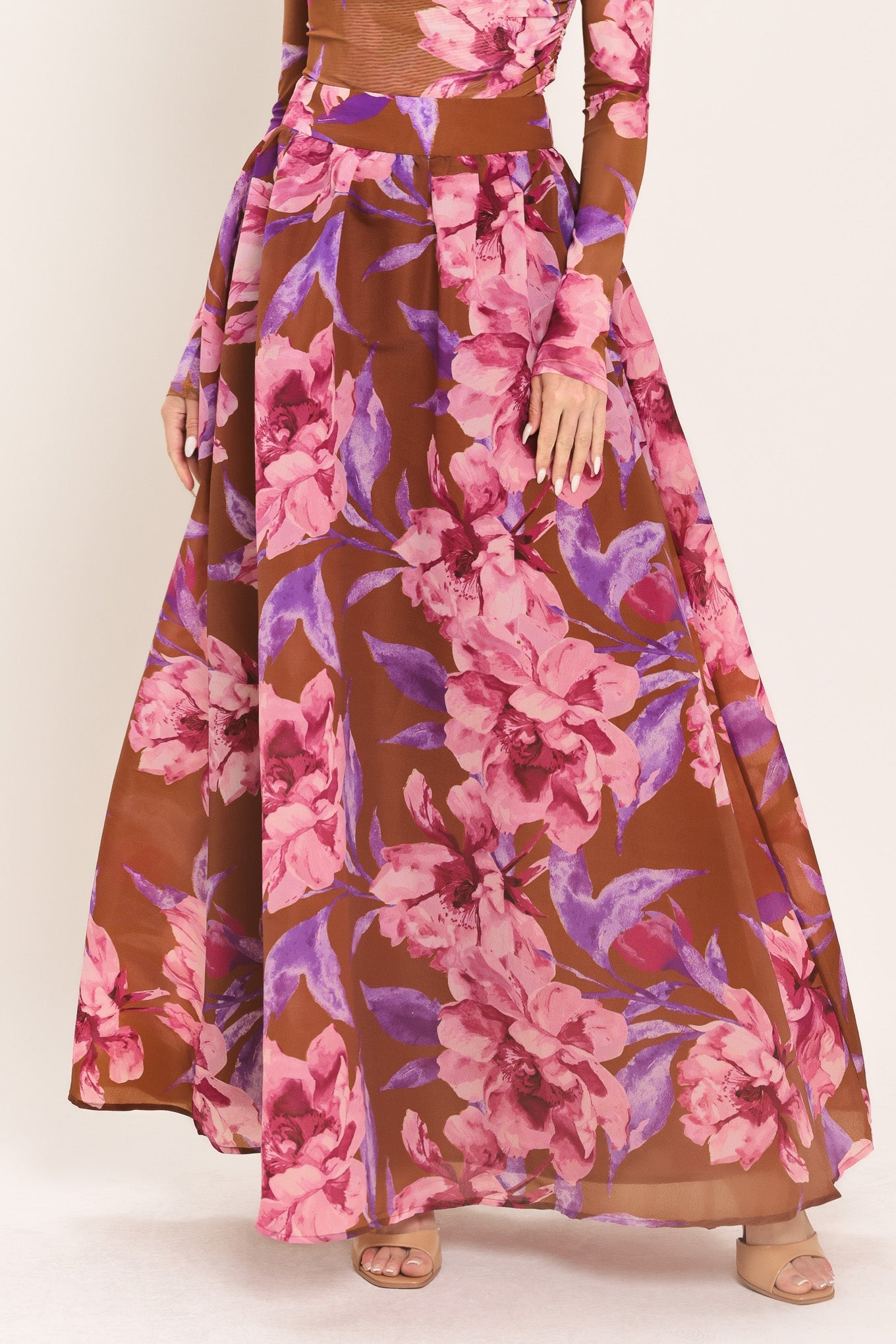 Flying Tomato Plum Blossom Woven Full Maxi Skirt in BROWN PINK MULTI (dress)