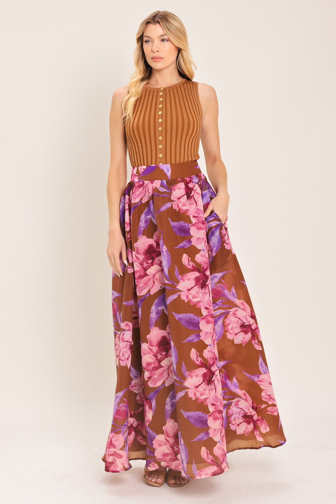 Flying Tomato Plum Blossom Woven Full Maxi Skirt in BROWN PINK MULTI view 2 (dress)