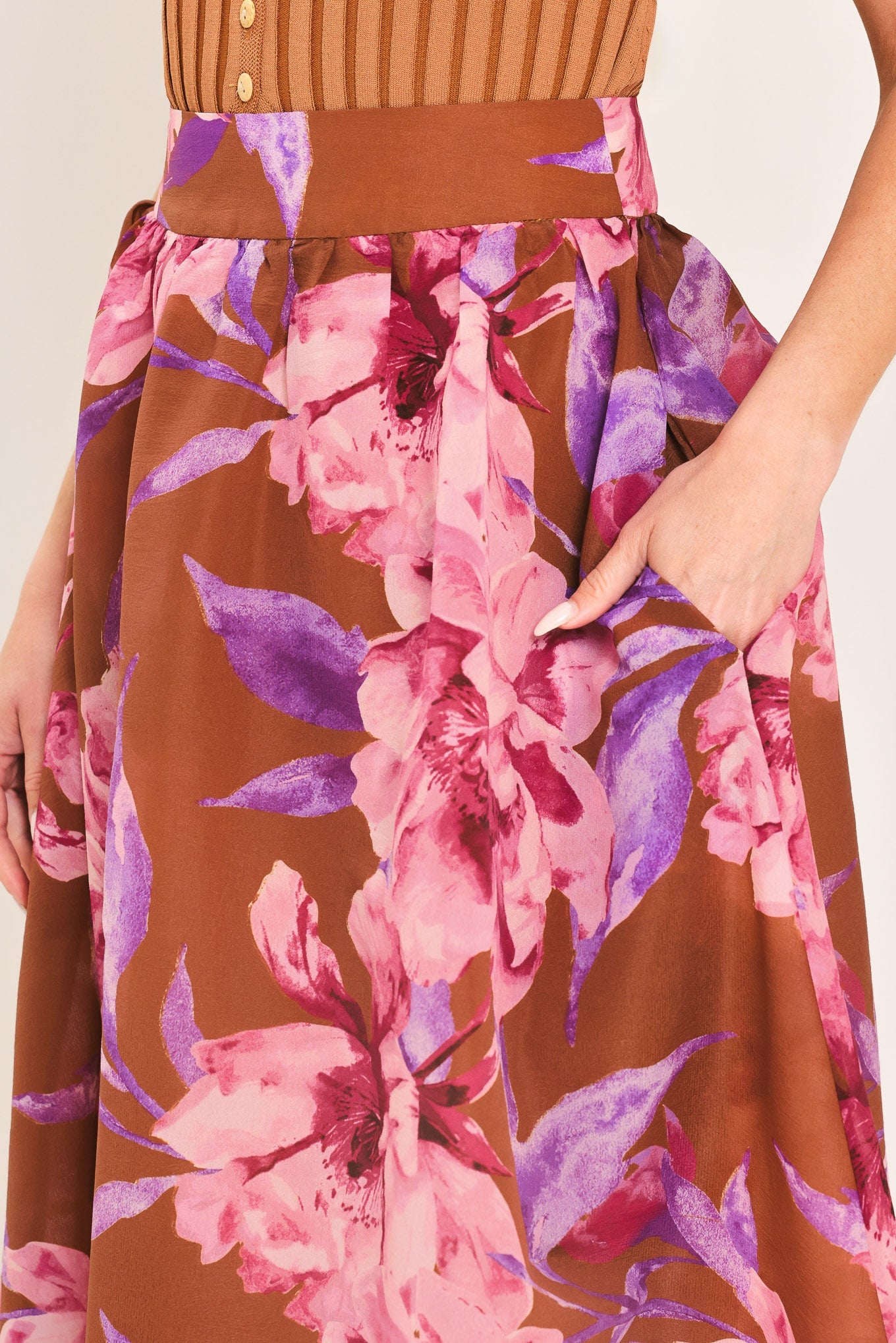 Flying Tomato Plum Blossom Woven Full Maxi Skirt in BROWN PINK MULTI view 3 (dress)