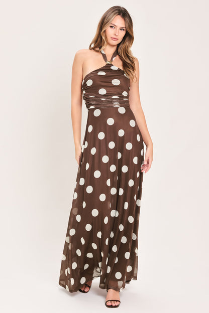 Flying Tomato Polka Kisses Halter Power Mesh Maxi Dress in BROWN view 3 - Pol Dress