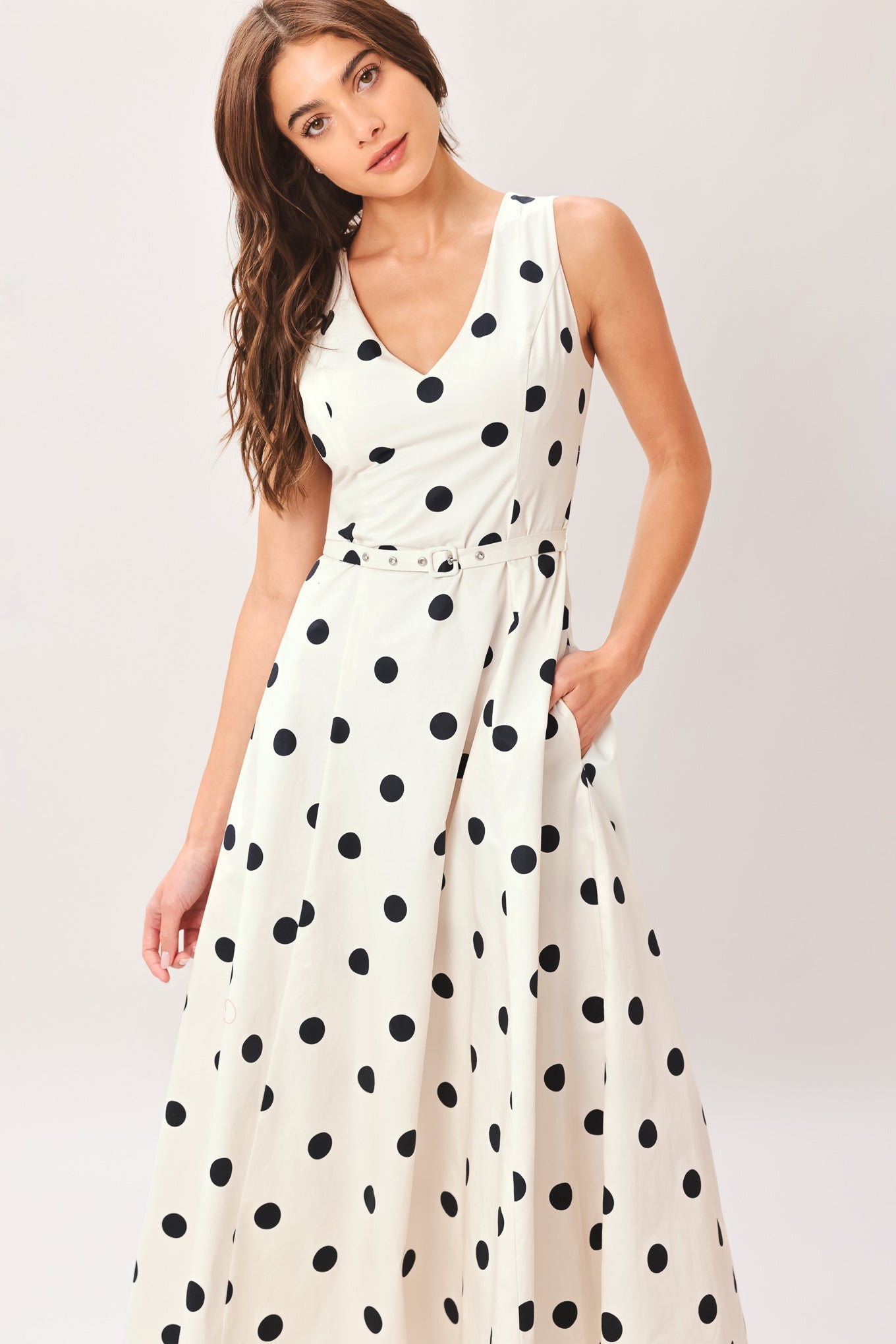 Flying Tomato Pure Polka Woven Midi Dress in IVORY view 2 - Pol Dress