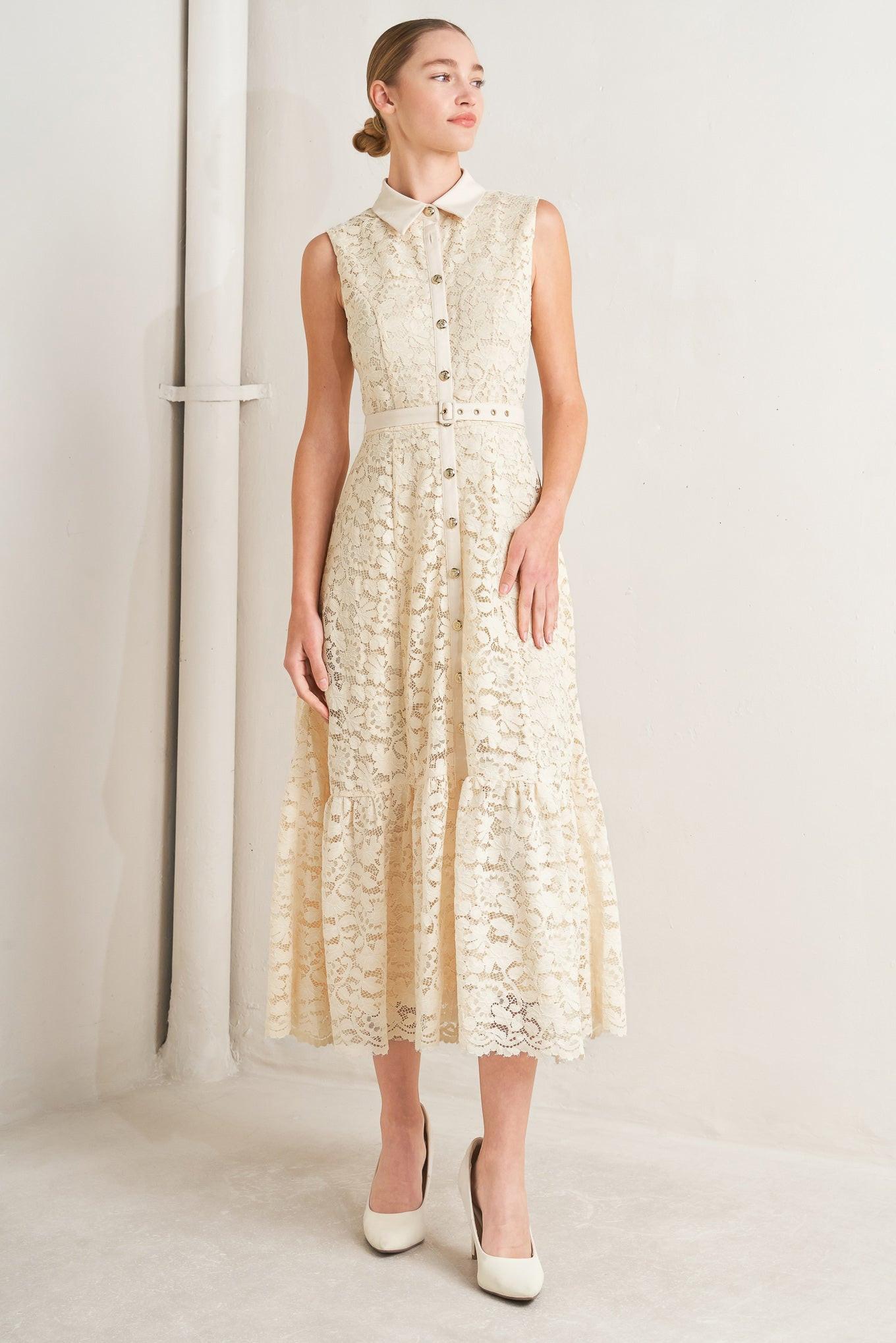 Flying Tomato Purely Romantic Woven Lace Midi Dress in CREAM