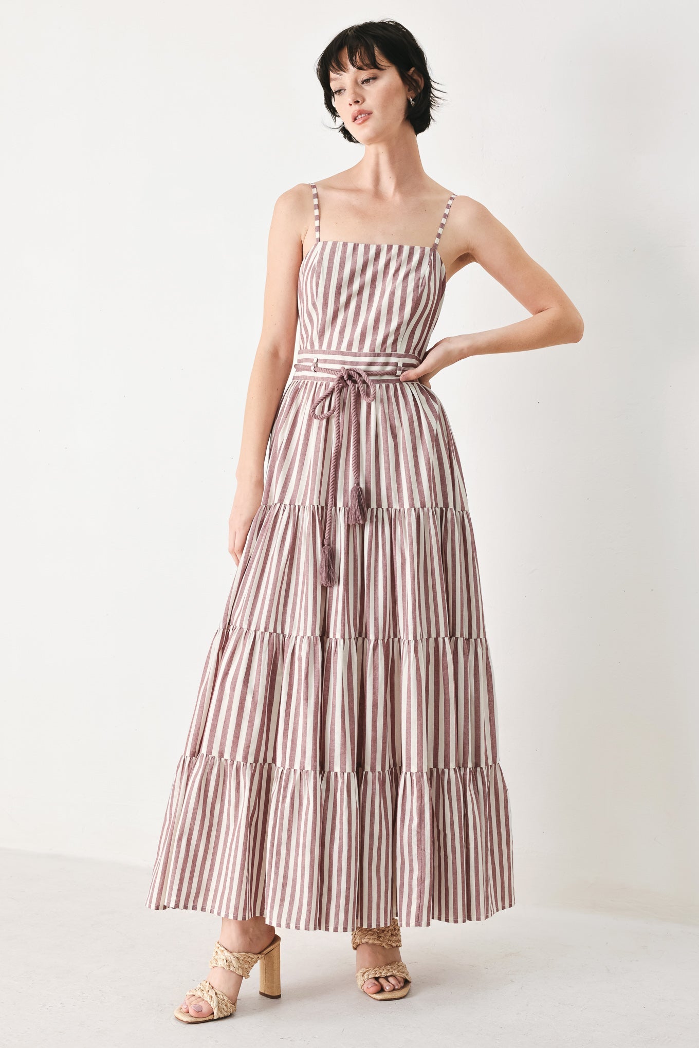 Flying Tomato Rosy Breeze Woven Ankle Dress in BURGUNDY/NATURAL - Breeze Pink Dress