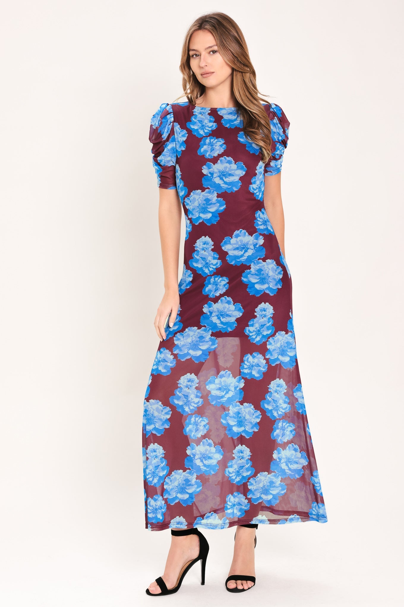 Flying Tomato Royal Bloom Power Mesh Midi Dress in WINE - Royal Blue Dress