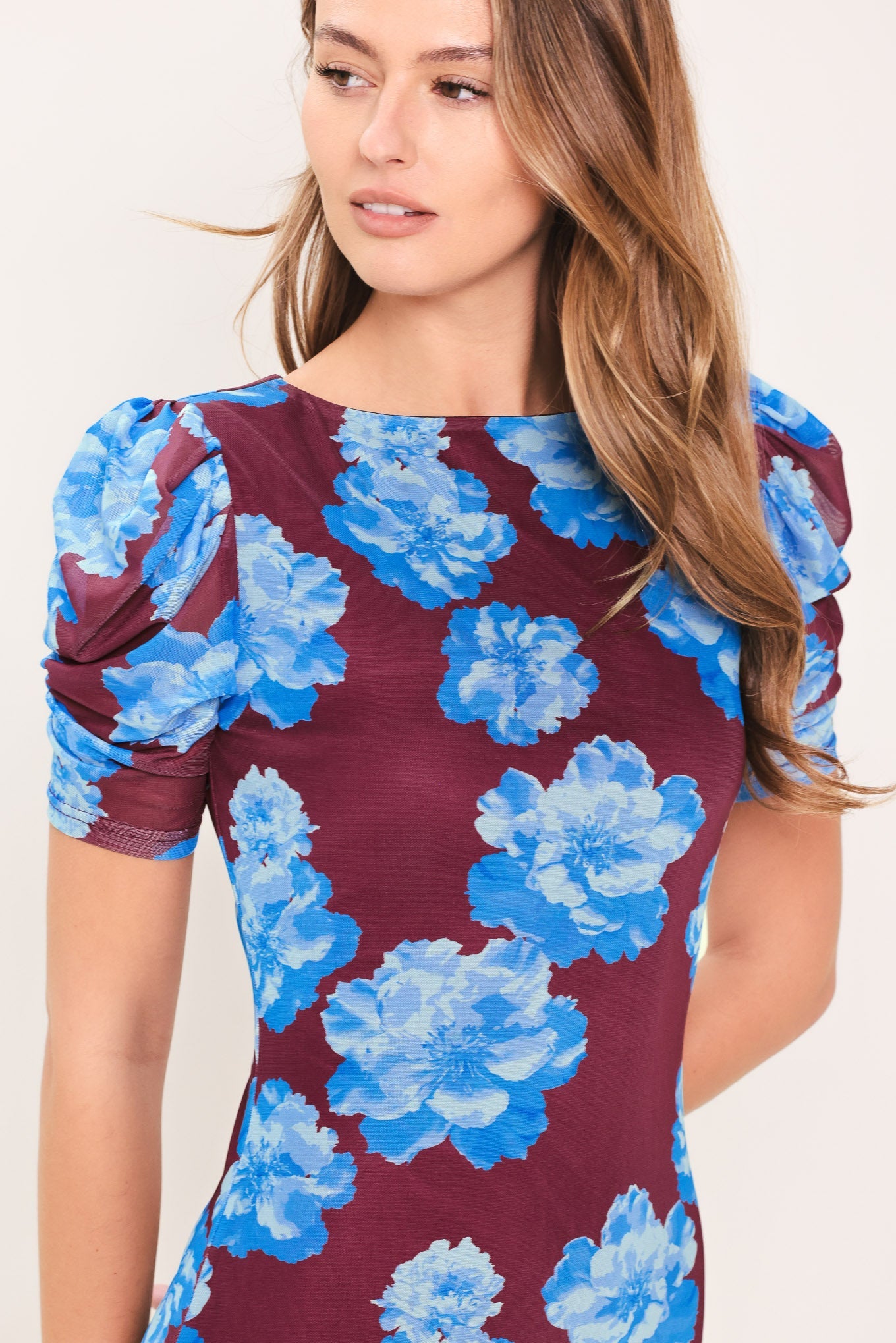 Flying Tomato Royal Bloom Power Mesh Midi Dress in WINE view 2 - Royal Blue Dress