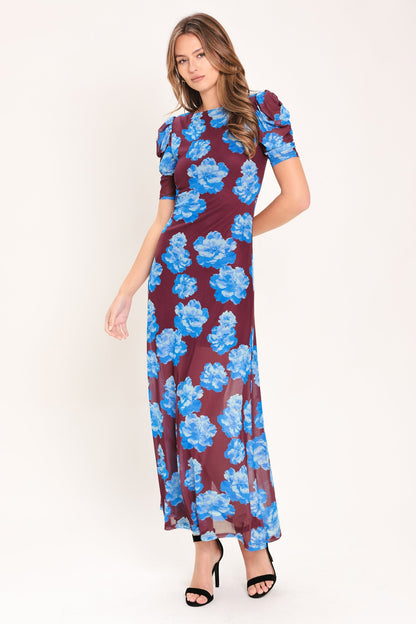 Flying Tomato Royal Bloom Power Mesh Midi Dress in WINE view 3 - Royal Blue Dress