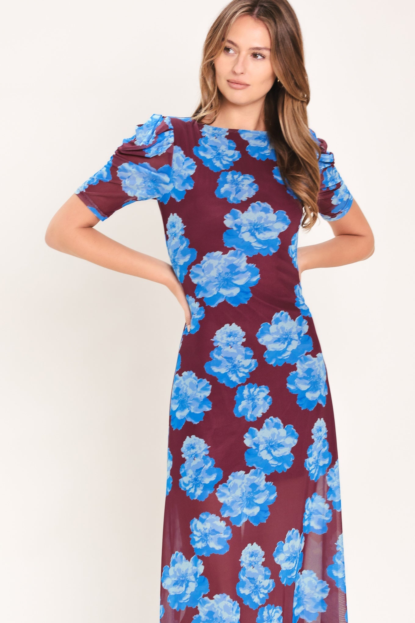 Flying Tomato Royal Bloom Power Mesh Midi Dress view 4 - Royal Blue Dress