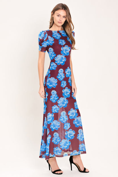 Flying Tomato Royal Bloom Power Mesh Midi Dress view 5 - Royal Blue Dress