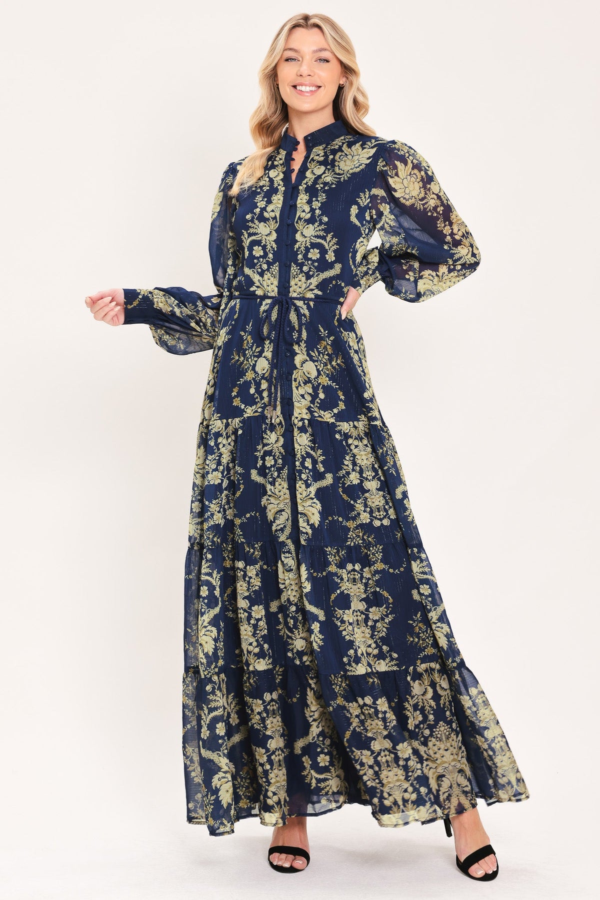 Flying Tomato Royal Heritage Bloom Woven Maxi Dress in NAVY/TAUPE - Royal Heritage Dressage Saddle