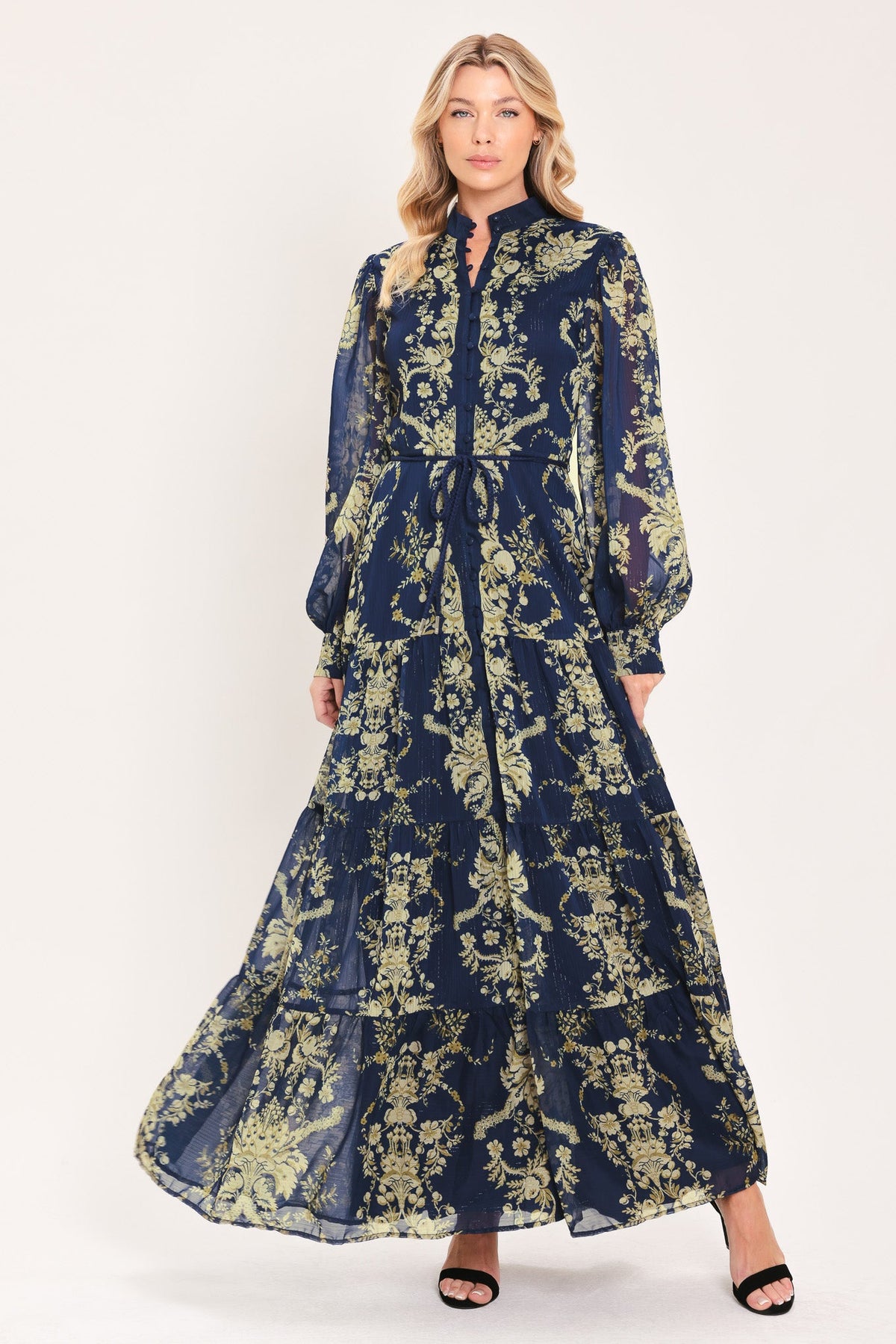 Flying Tomato Royal Heritage Bloom Woven Maxi Dress in NAVY/TAUPE view 3 - Royal Heritage Dressage Saddle