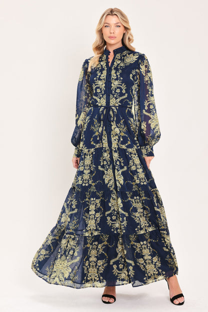 Flying Tomato Royal Heritage Bloom Woven Maxi Dress in NAVY/TAUPE view 3 - Royal Heritage Dressage Saddle