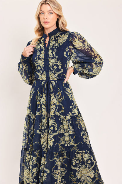 Flying Tomato Royal Heritage Bloom Woven Maxi Dress in NAVY/TAUPE view 4 - Royal Heritage Dressage Saddle