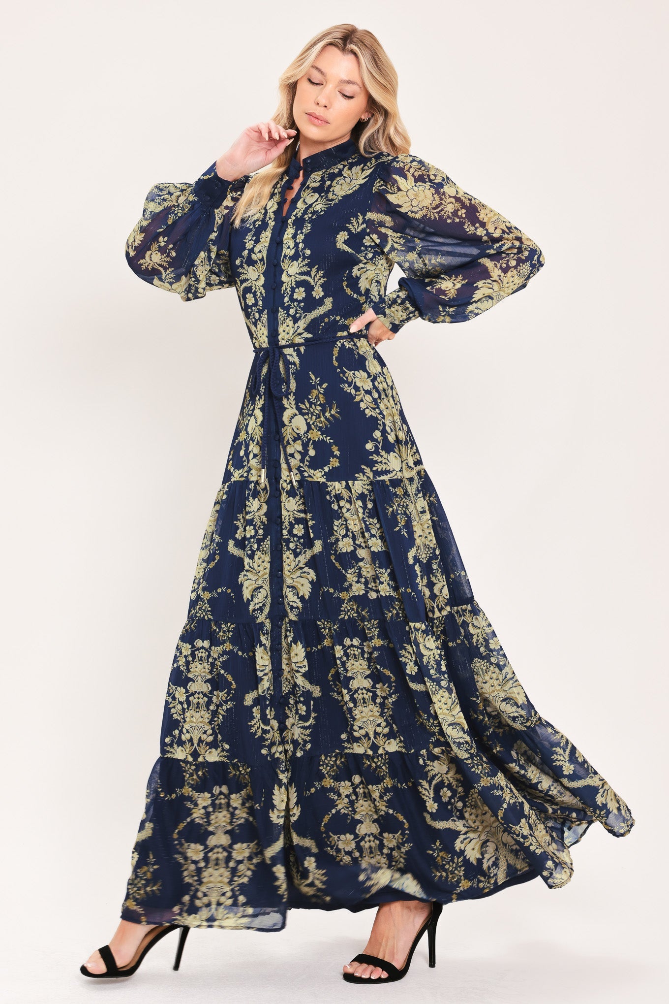 Flying Tomato Royal Heritage Bloom Woven Maxi Dress in NAVY/TAUPE view 5 - Royal Heritage Dressage Saddle