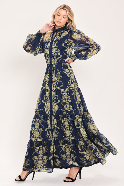 Flying Tomato Royal Heritage Bloom Woven Maxi Dress in NAVY/TAUPE view 5 - Royal Heritage Dressage Saddle