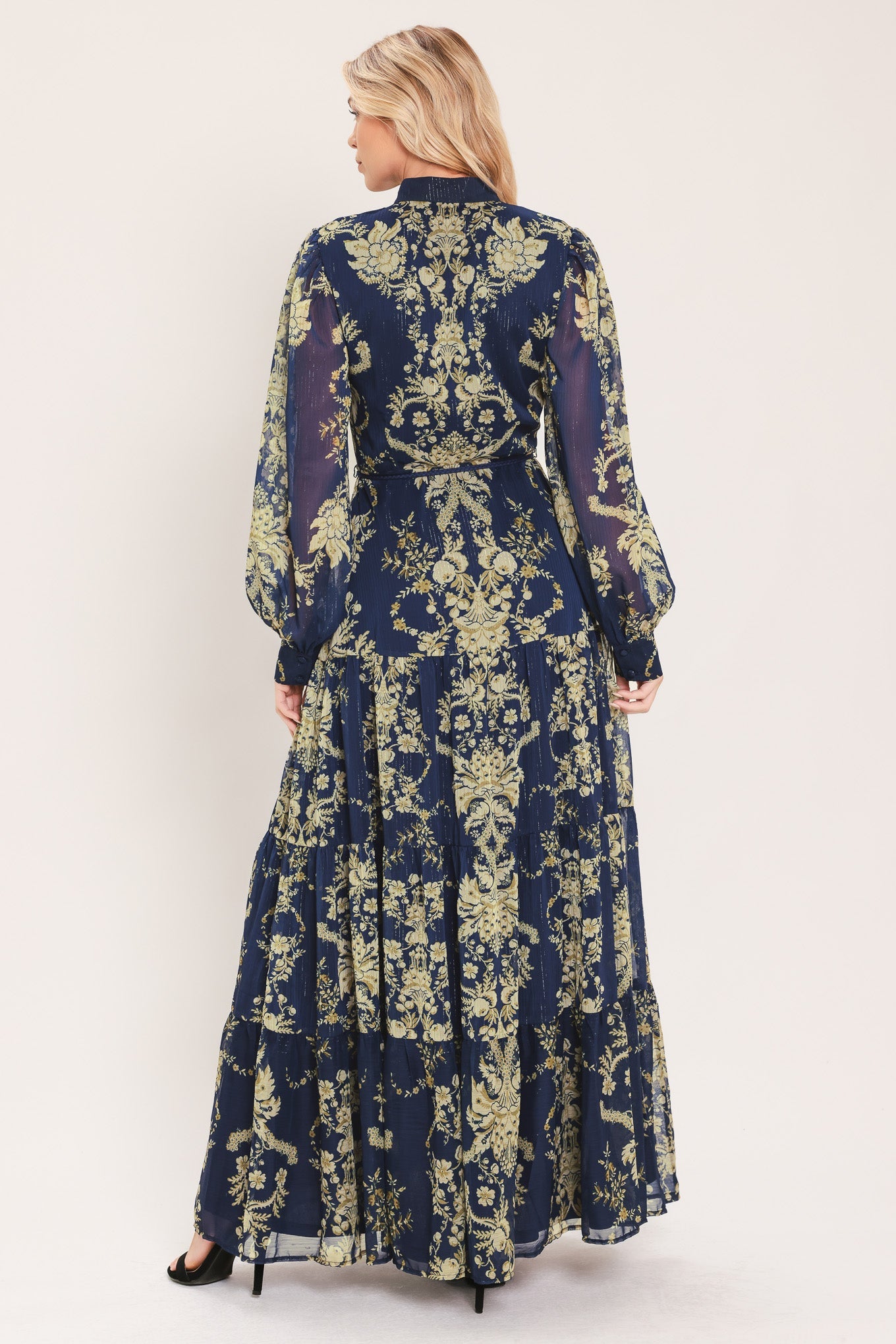 Flying Tomato Royal Heritage Bloom Woven Maxi Dress in NAVY/TAUPE view 6 - Royal Heritage Dressage Saddle