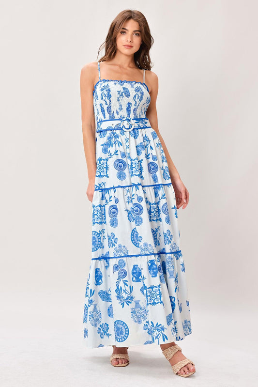 Flying Tomato Santorini Dream Woven Maxi Dress in IVORY BLUE