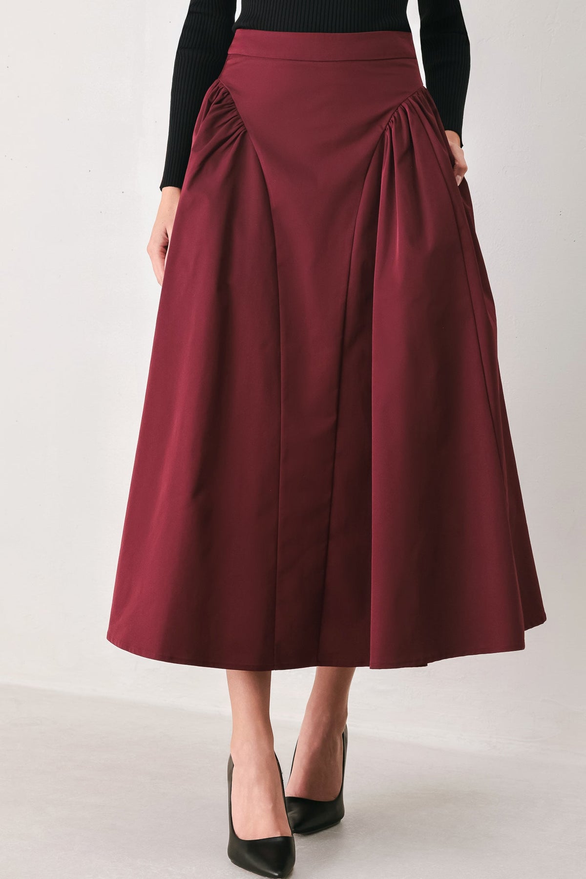 Flying Tomato Sculpted Noir Shirred Midi Skirt in BURGUNDY view 3 (dress)