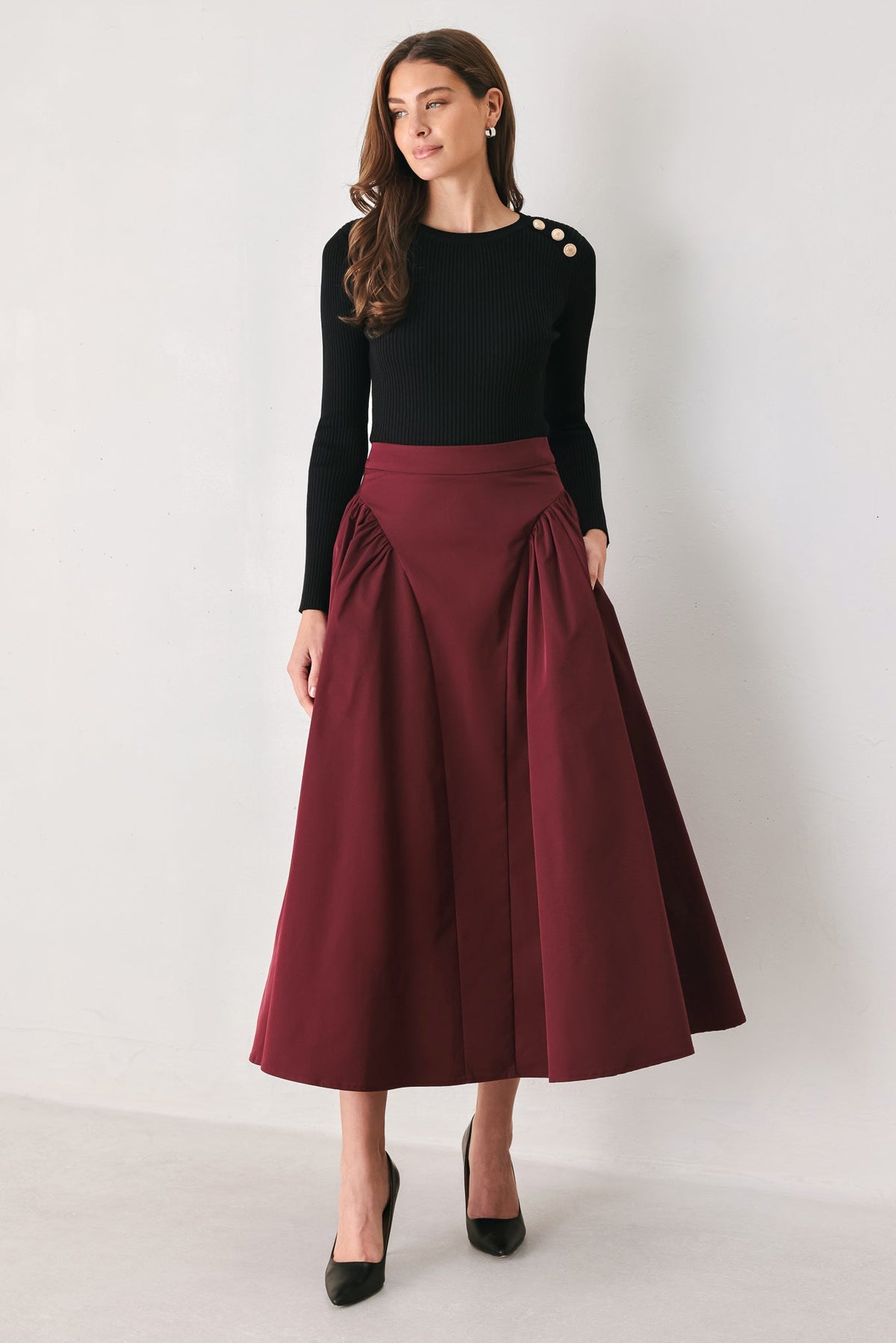 Flying Tomato Sculpted Noir Shirred Midi Skirt in BLACK view 4 (dress)
